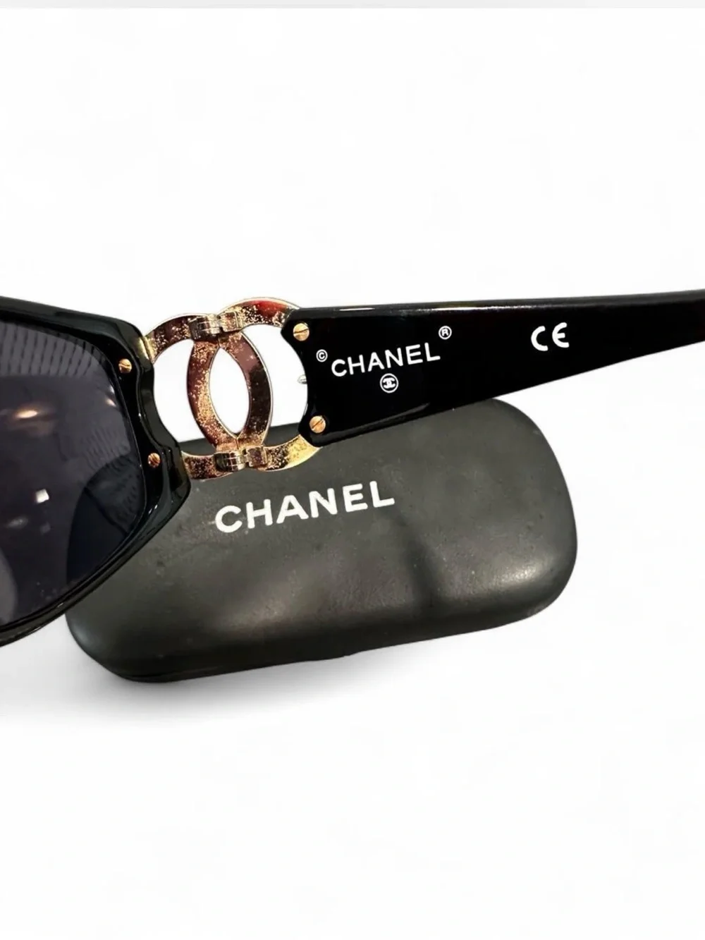 CHANEL Vintage Y2K Sunglasses with Gold CC Emblems & Case